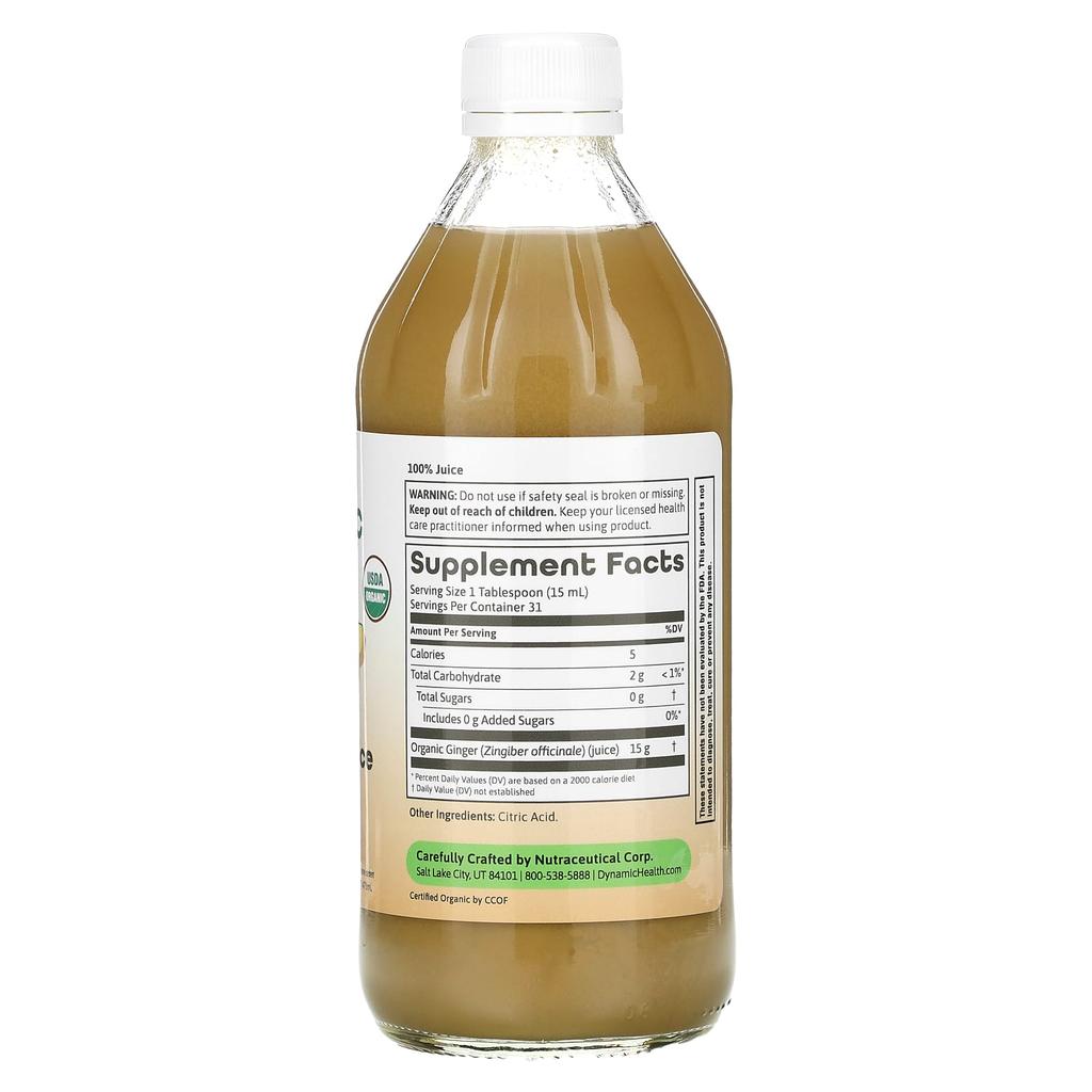 Certified Organic Ginger, 100% Juice, Unsweetened, 16 Fl Oz (473 Ml)