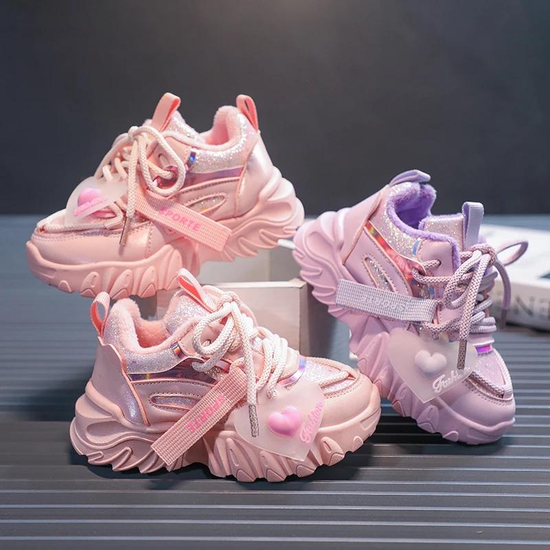 PU 2024 Winter New Sport Shoes for Kids Girls Cute Princess Non-slip Light Children Fashion Casual Sneakers Solid Color Shiny