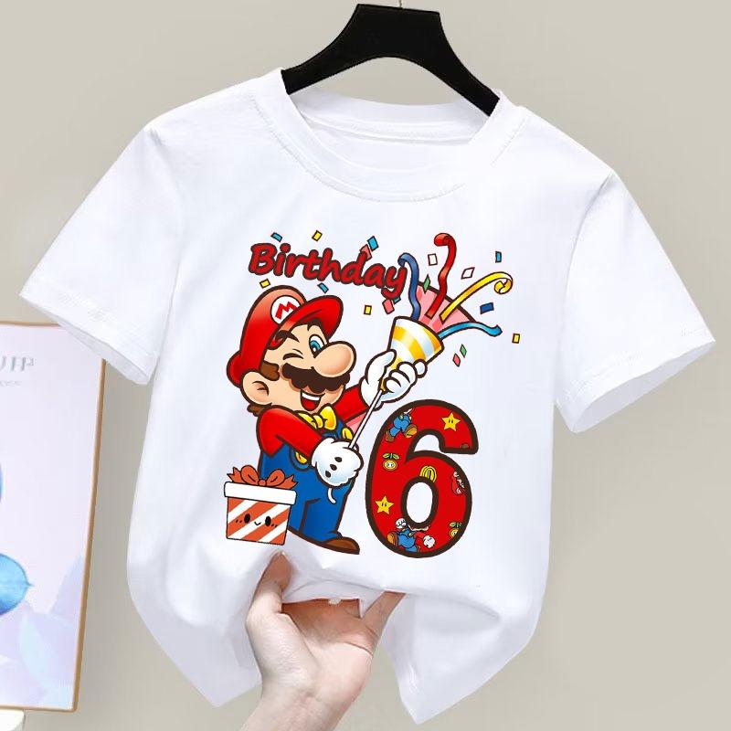 Super Marioes Bros Nummern 1-10 Bedruckte T-Shirts Anime Cartoon Süßes Kurzarm-Oberteil Jungen Mädchen Sommer Baumwolle Rundhals T-Shirt