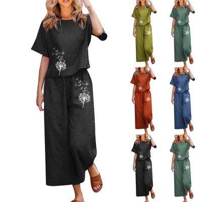 Women's Fashion Casual Printed Short Sleeves Round Neck Tops Pants Suit
