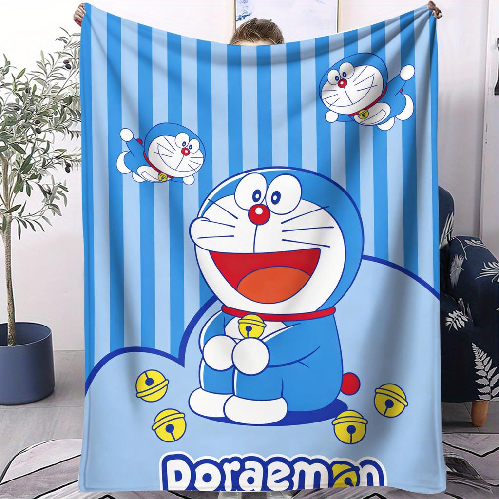 Doraemon Logo Pattern Fleece Blanket, Blue White Round Face with Red Nose Soft Throw, Cozy Couch Blanket for Kids Room