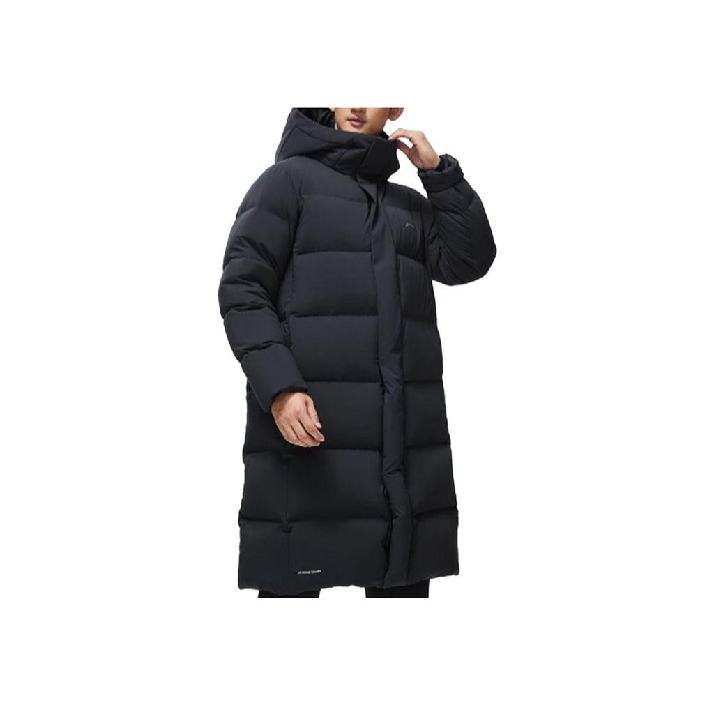 Li-Ning Fitness Series Large Back Logo Print Long Hooded Down Jacket Men Outerwear Black AYMT107-1