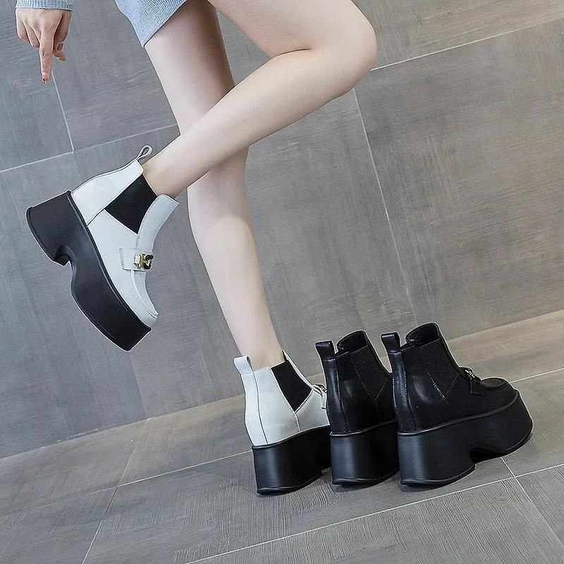 Fashion 11CM Genuine Leather Winter Plush  Platform Wedge Fashion Autumn Booties Women Boots Spring ELastic Babd Height Increasing Shoes