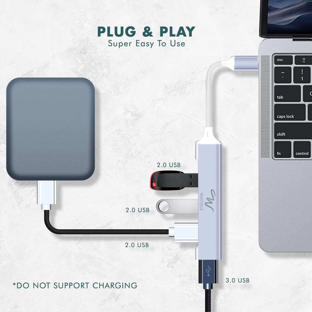 Wayona USB 4 Ports USB and 3 USB Data Compatible with and Smartphones with Gray Type-C Hub, (1 3.0 2.0 Ports), Transfer, Laptops, PCs, MacBooks,