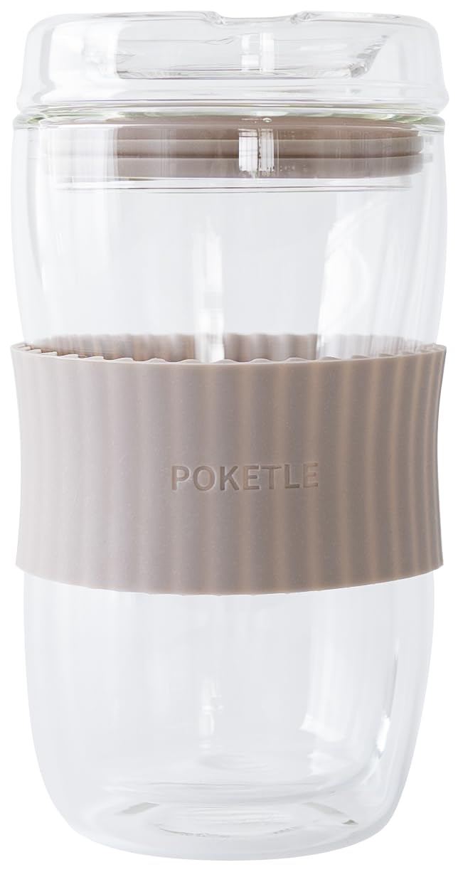 

POKETLE Glass Tumbler with Double Heat Dishwasher BPA Bidoro Latte Beige Lid, 330ml, Wall, Resistant, Safe, Free, 330,