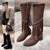 Fashion Sexy Long-thigh Boots 2025 New Pointed Toe Block Heel Maillard Fringe Mid-high Boots Children Spring and Autumn