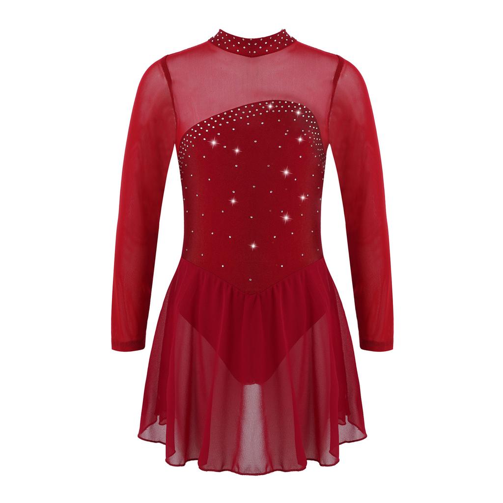 Girls Sparkling Mesh Dance Dress Long Sleeve Keyhole Back Leotard for Ice Skating Ballet Costume