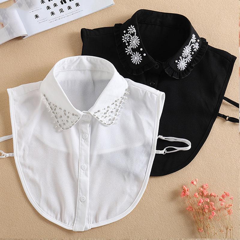 Vintage White Woman Fake Collar Black Crystal Lady Detachable Collar Shirt Neckwear False Collar With Beads Clothing Accessories