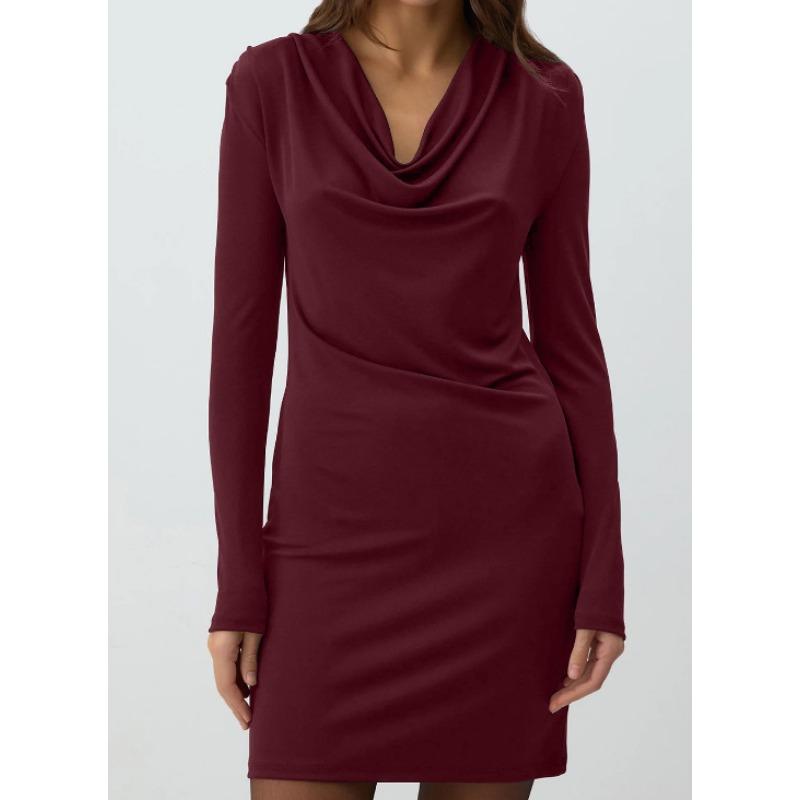 VEZFAA אופנת נשים אביב סתיו הדפס צבע אחיד עם שרוולים ארוכים צווארון V גבוה מותן שמלות קז'ואל