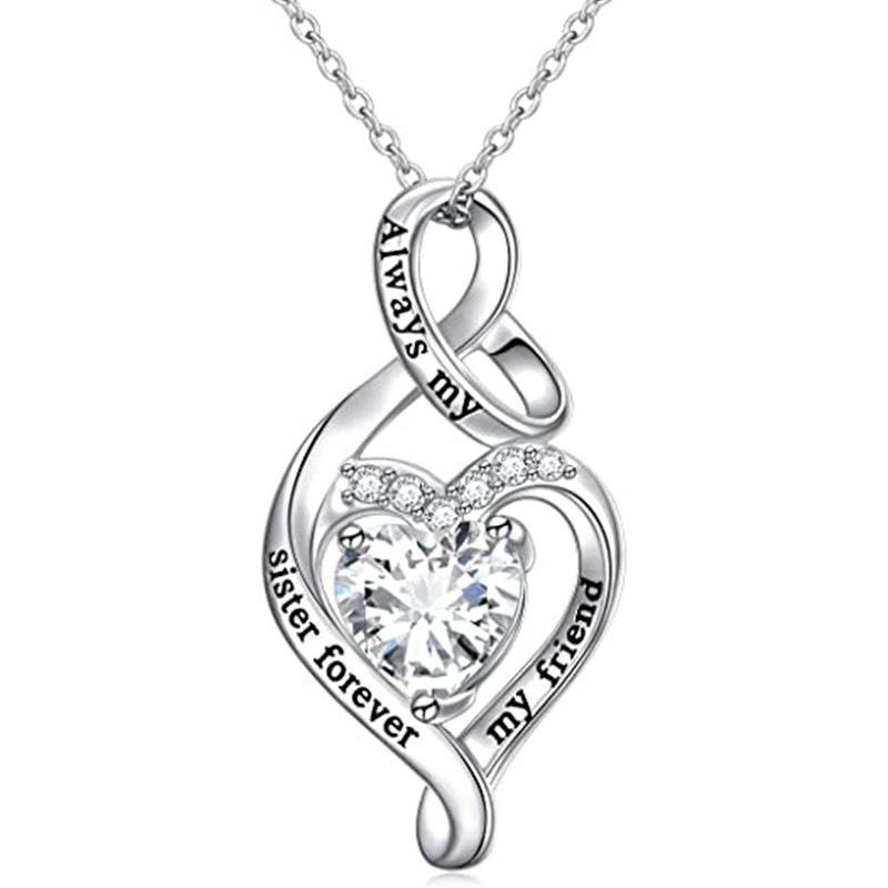 Twisted Infinity Heart Engraved Slogan Heart Cut Zircon Sister Gift Clavicle Necklace
