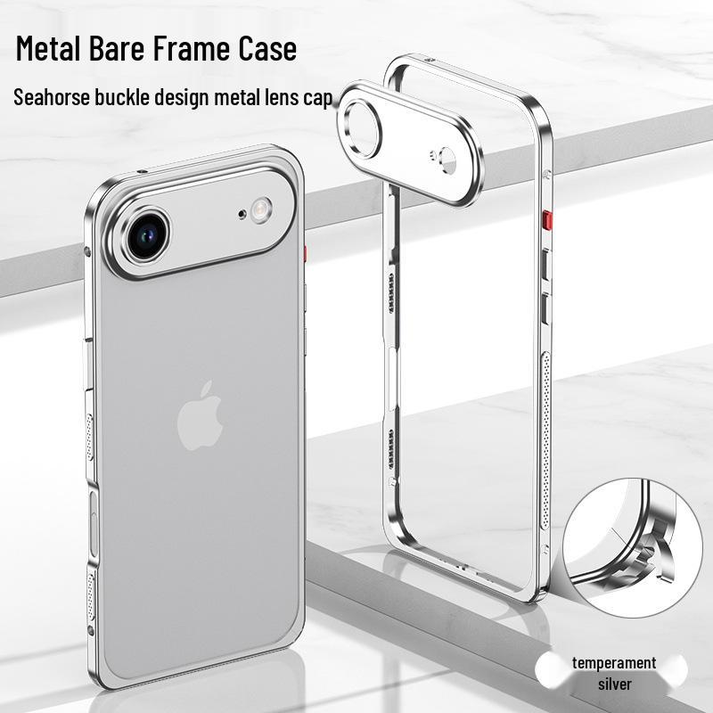 Capa de Metal Leve iPhone 17 Air com Lente e Fivela de Cavalo Marinho para 16 Pro - Moderna para Todos