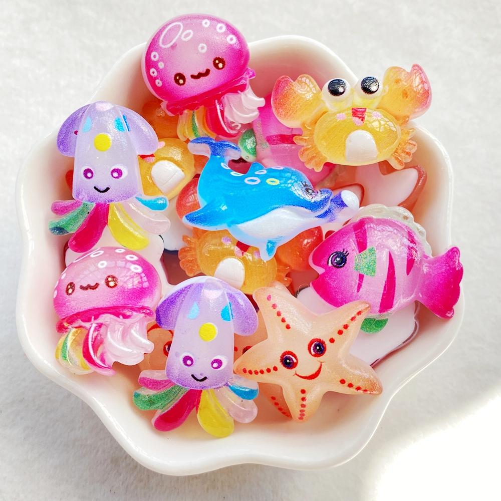 10pcs Cute Colored Crab, Starfish, Octopus, Series Resin Doll Crafts Flat Bottom Corner Jewelry Making Hair Accessories