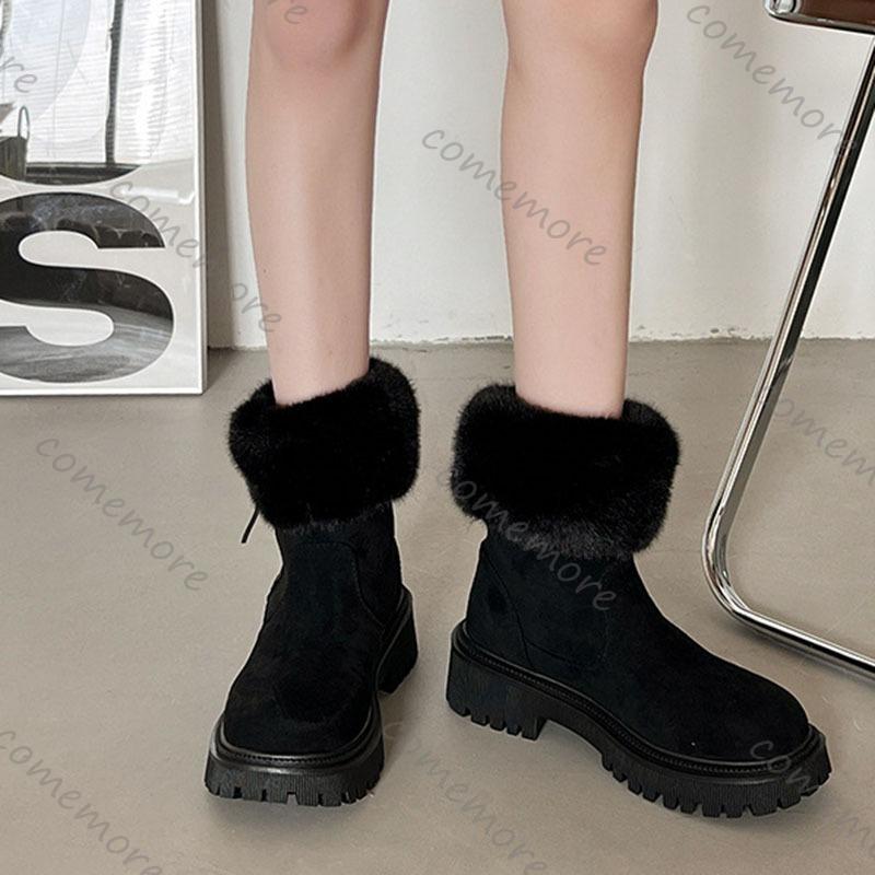 Comemore Fur Padded Thick-soled Snow Boots Women's 2025 New Winter Warm Cotton Shoes Casual Middle Heel Side Zipper Female Botas