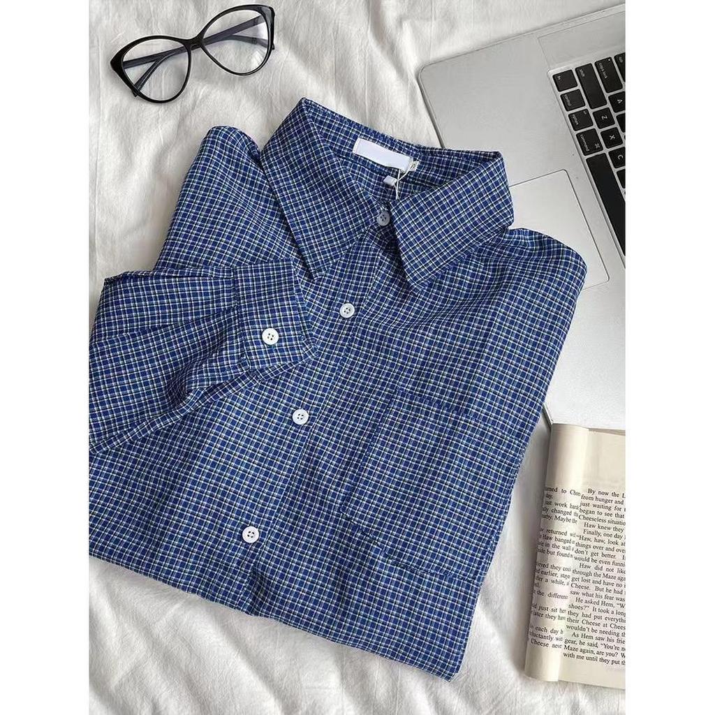 Miu Style Women's Blue Plaid Shirt Jacket - Loose College Layering for Early Autumn