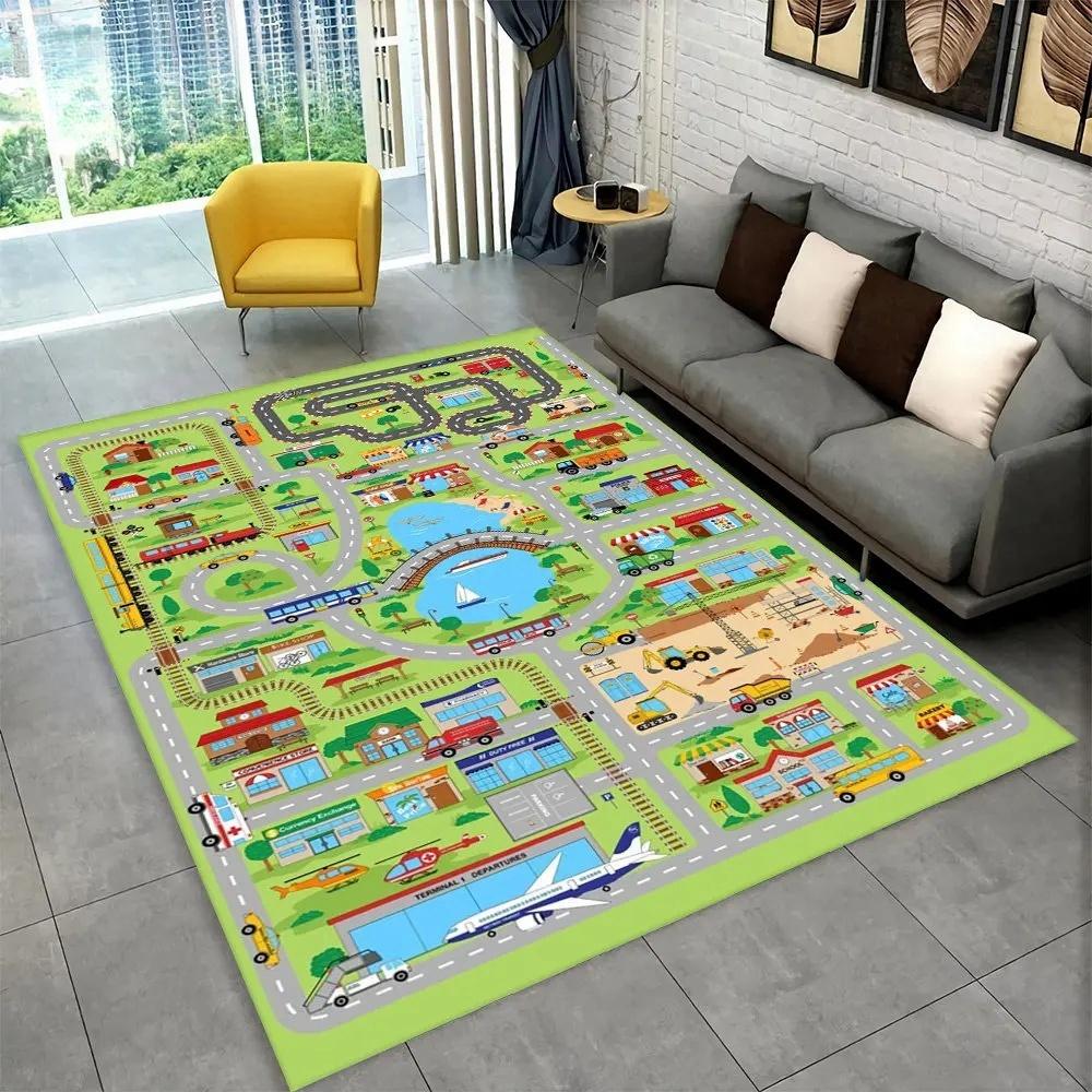Interactive Kids' Playmat with City Roads Traffic Theme Rug for Playroom Non-Slip Carpet for Living Room or Bedroom Floor Mat