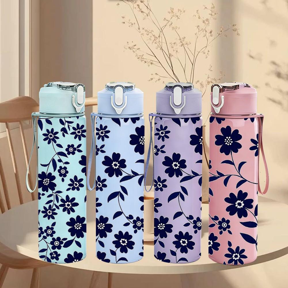 1PC Dark Blue Flower Seamless Pattern Print 750ml Color Plastic Sports Water Bottle Leakproof Flip Straw Lid Suitable for Sports Office Home Use
