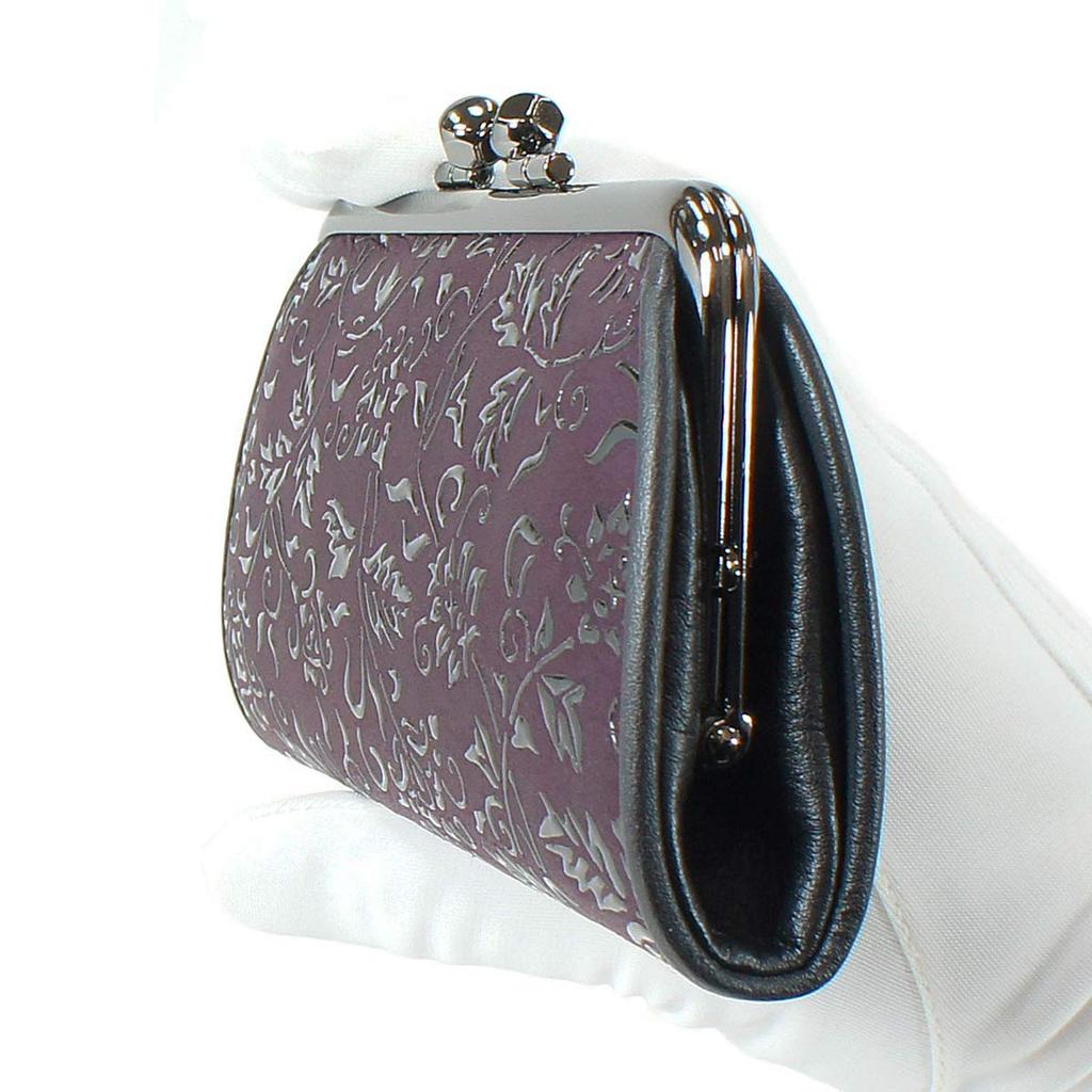 Indenya Inden Coin Purse, 340, Parent and Child, Deerskin, Purple with Black Lacquer, Floral Arabesque Pattern, 1501-06-041