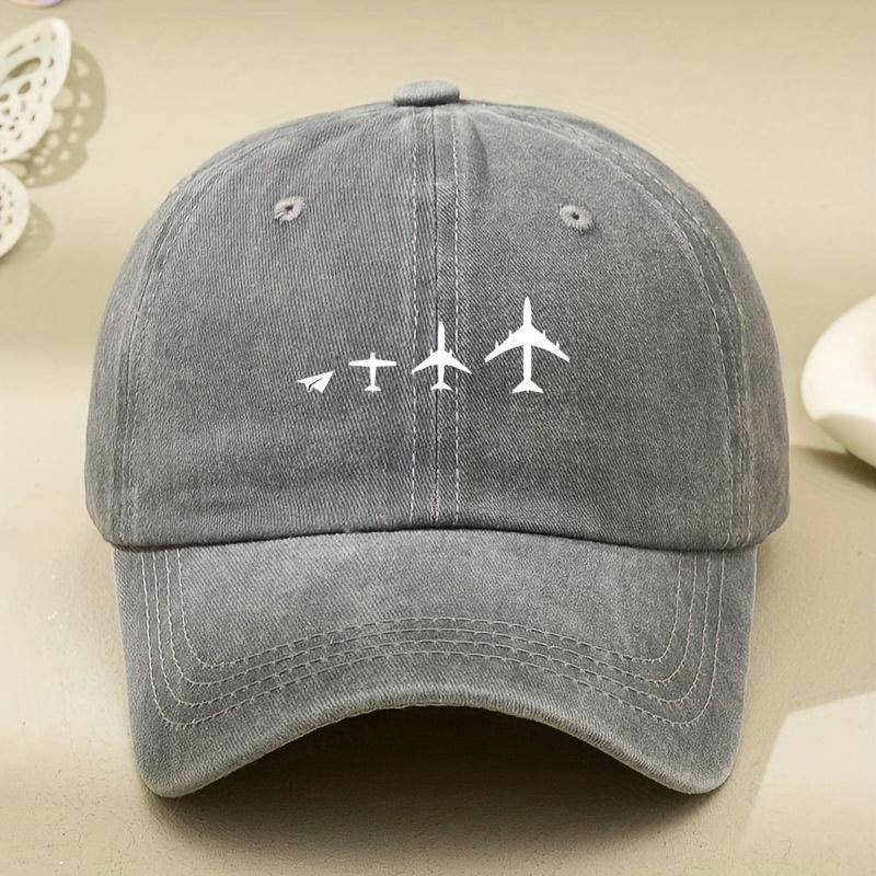 Retro airplane print washed baseball cap adjustable for both men and women, breathable black casual outdoor activity sun hat