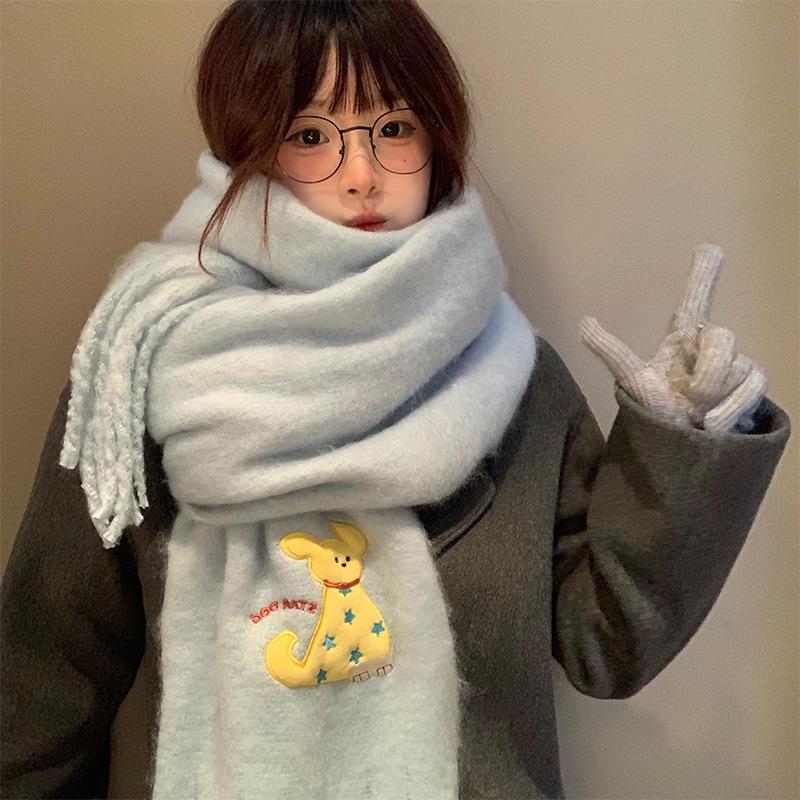 Korean Cute Puppy Embroidered Scarf Women's Autumn and Winter Versatile Senior Sense Fluffy Mohair Warm Cartoon Scarf