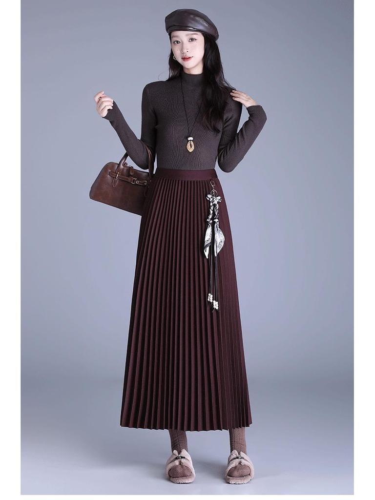 Elegant Mid-Length Wool Pleated Skirt - 2025 Autumn/Winter High-Waisted Slimming Style