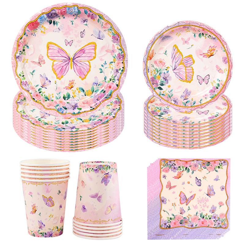 Butterfly Disposable Tableware Set Paper Plate Cup Napkins Pink Butterfly Birthday Party Decoration Baby Shower Wedding Supplies