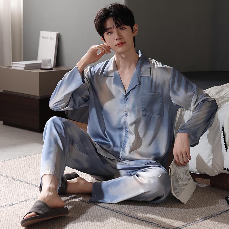 Pajamas Men'S Spring And Autumn Ice Silk Long Sleeve Thin Summer Simulation Silk Four Seasons Loungewear Suit