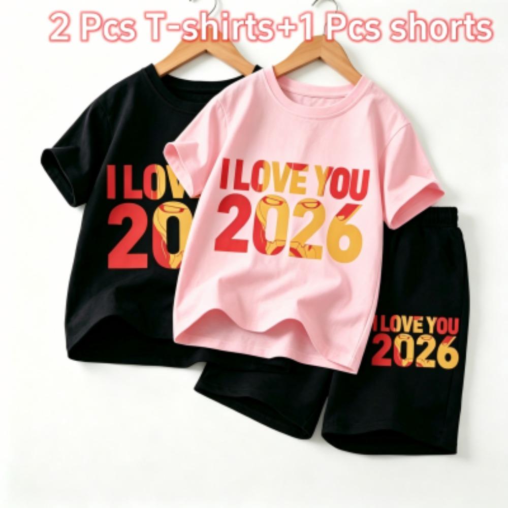Fashion Letters I Love You 2026 Print Outdoor Street Kids T-shirt and Shorts Summer Home Casual Outfit Boy and Girl's Sports Set