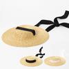 Wide Brim Sun Hat 15cm Brim Straw Hat Flat for Women Beach Caps White Black Ribbon Tie Beach Side Cap Floppy Female Raffia Straw