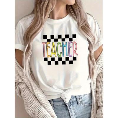 Newly Recommended Teacher-Themed Printed T-Shirt, Casual for Women, Suitable for Vacations, Short-Sleeved with A Round Neck,