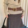 Suede Braided Waist Belt Vintage Gold Oval Buckle Perfect For Dresses Casual Daily Wear  Outfits