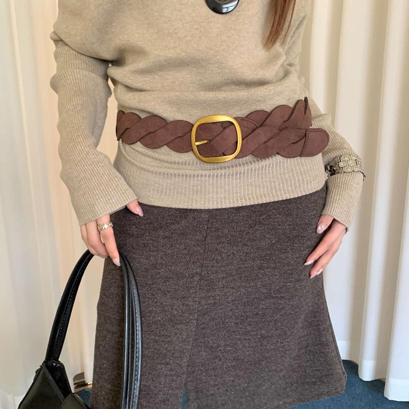 Suede Braided Waist Belt Vintage Gold Oval Buckle Perfect For Dresses Casual Daily Wear Outfits