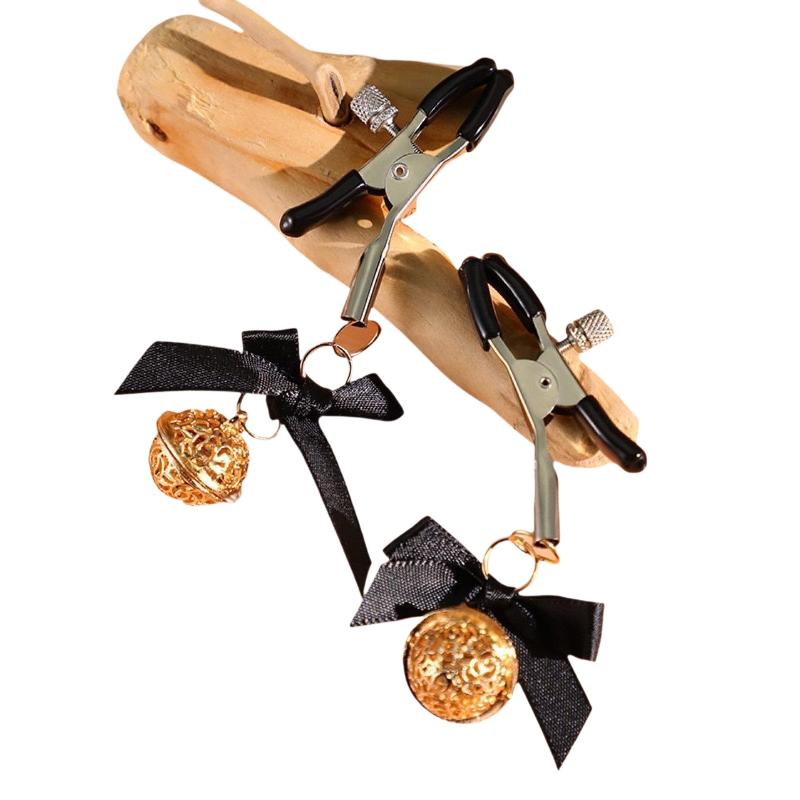 New Adjustable Nipple Clamps With Black Bow And Hollow Golden Bell Perfect For Couple Intimate Play Bedroom Cosplay