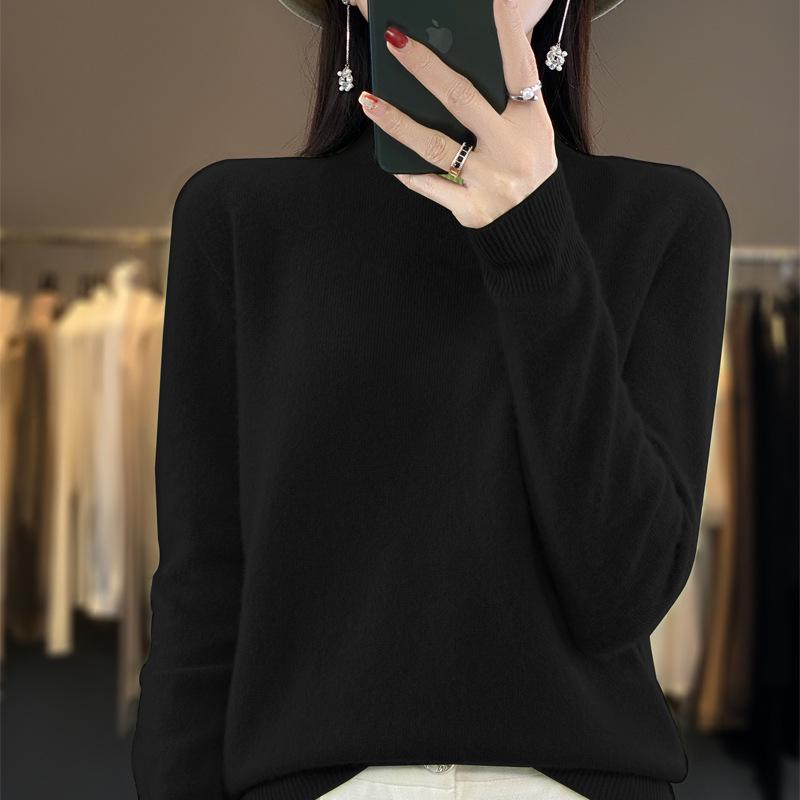 Women's Half-High Neck Wool Sweater Pullover - Loose Fit, Autumn/Winter Knitwear