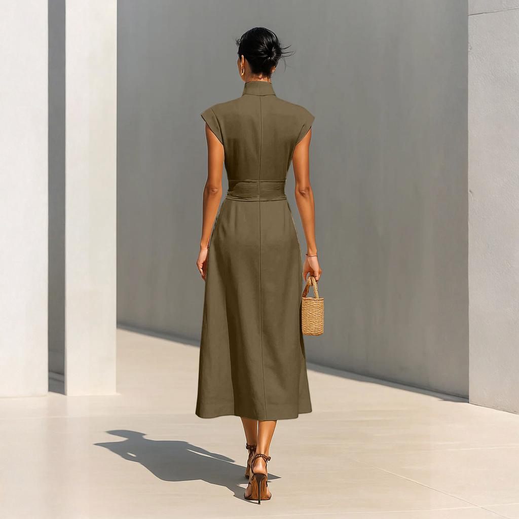 Women Sleeveless High Neck Wide Leg Jumpsuit Belted Waist Pleated Loose Fit Elegant Overall Romper