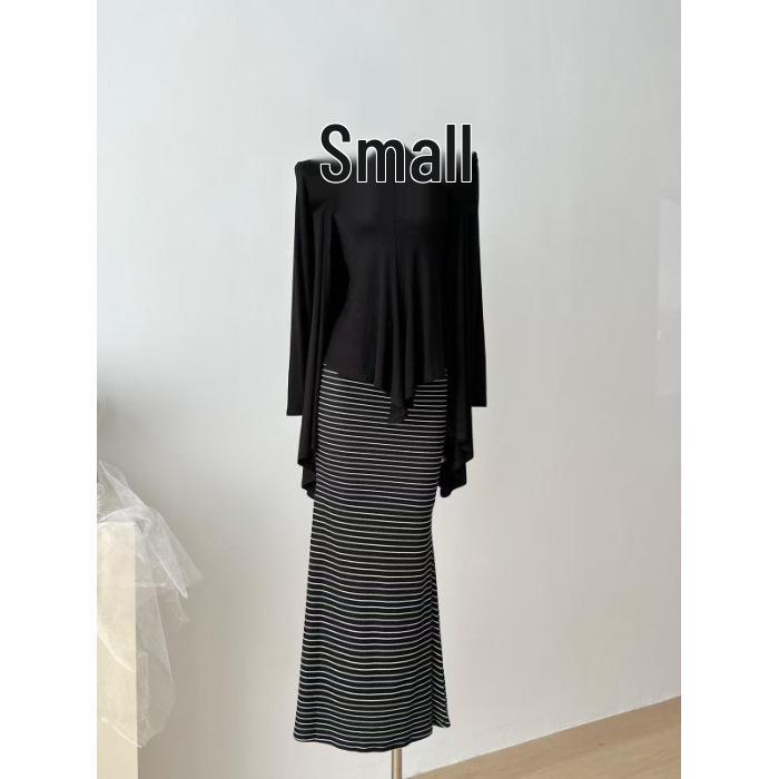 Autumn 3-Piece Set: Oversized Cardigan, Halter Top, & High-Waisted Striped Fishtail Skirt Large чёрный