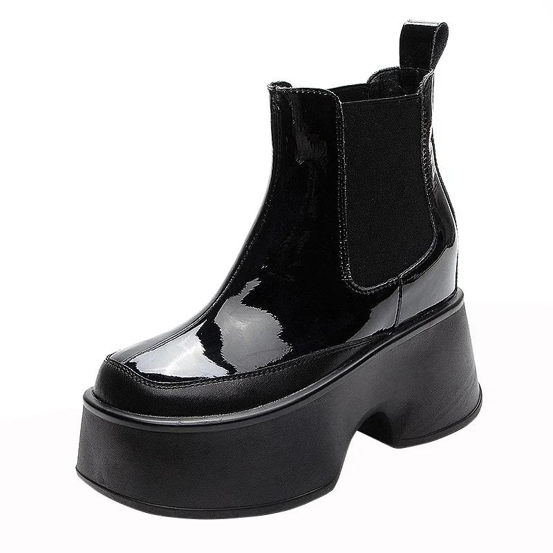 Fashion 11cm Rotro Genuine Leather Women Mid Calf Motorcycle Boots Platform Wedeg Lace Up Slip On Spring Autumn Winter Comfy Shoes