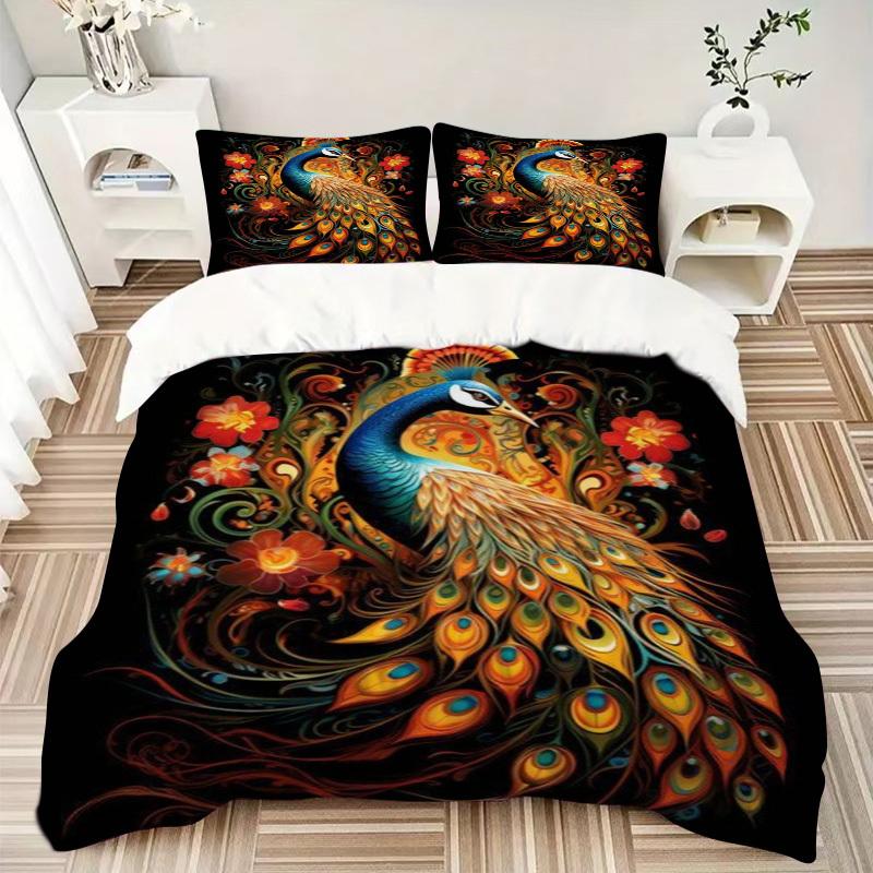 3pcs Peacock, Floral Duvet Cover Set -Includes 1 Duvet Cover and 2 Pillowcases, No Quilt Core, All-Season Home Decor  yy251111101