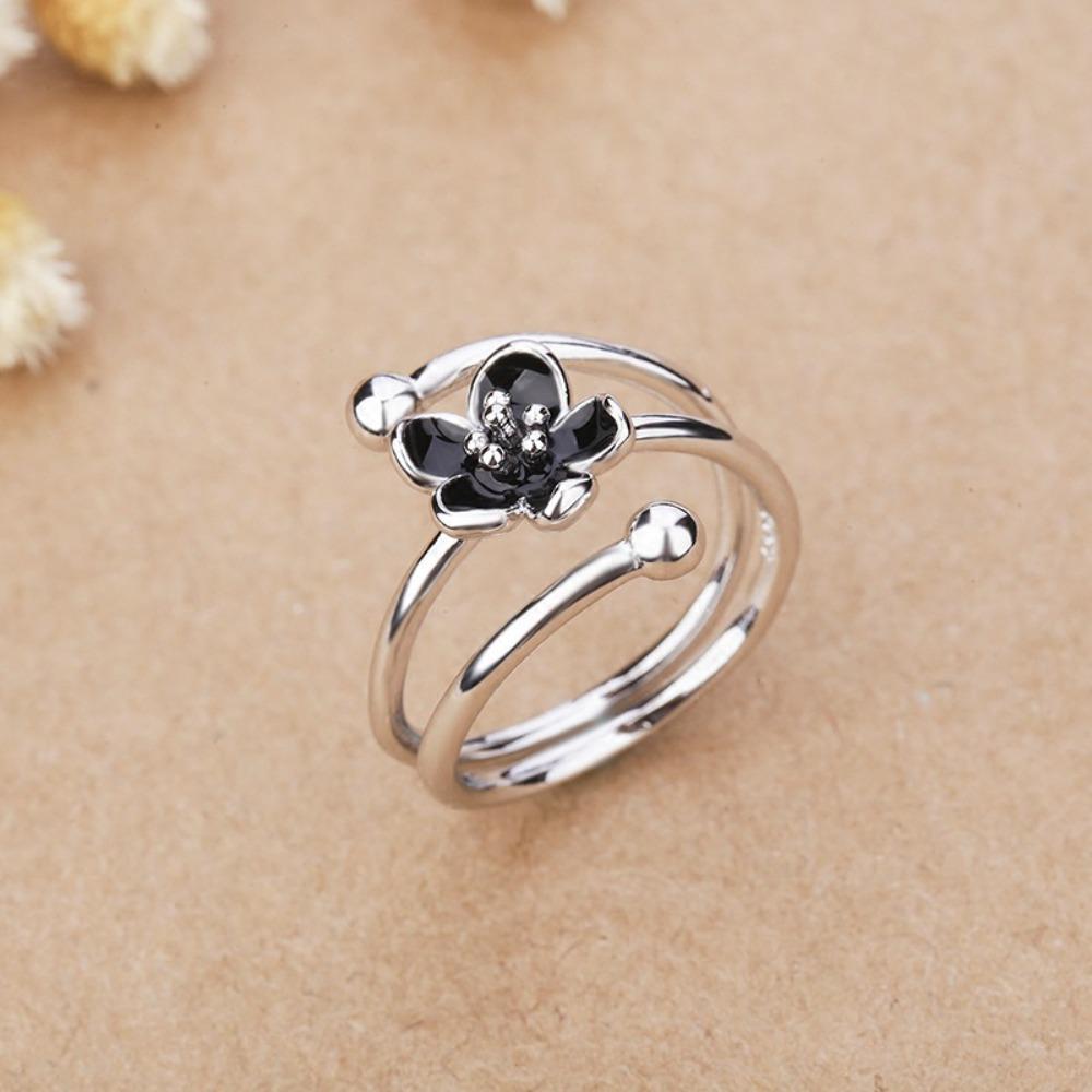 Open Ring S925 Silver Plated Black Flower Adjustable Romantic Love Ring Creative Gift for Women Students
