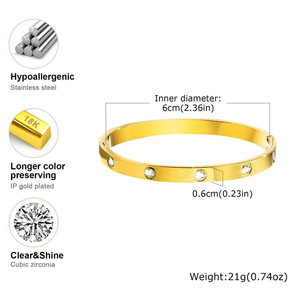 Luxurious Cubic Zircon Openable Bracelet for Women ,Stainless Steel Round Bangle Bracelets,Charm Jewelry Gifts