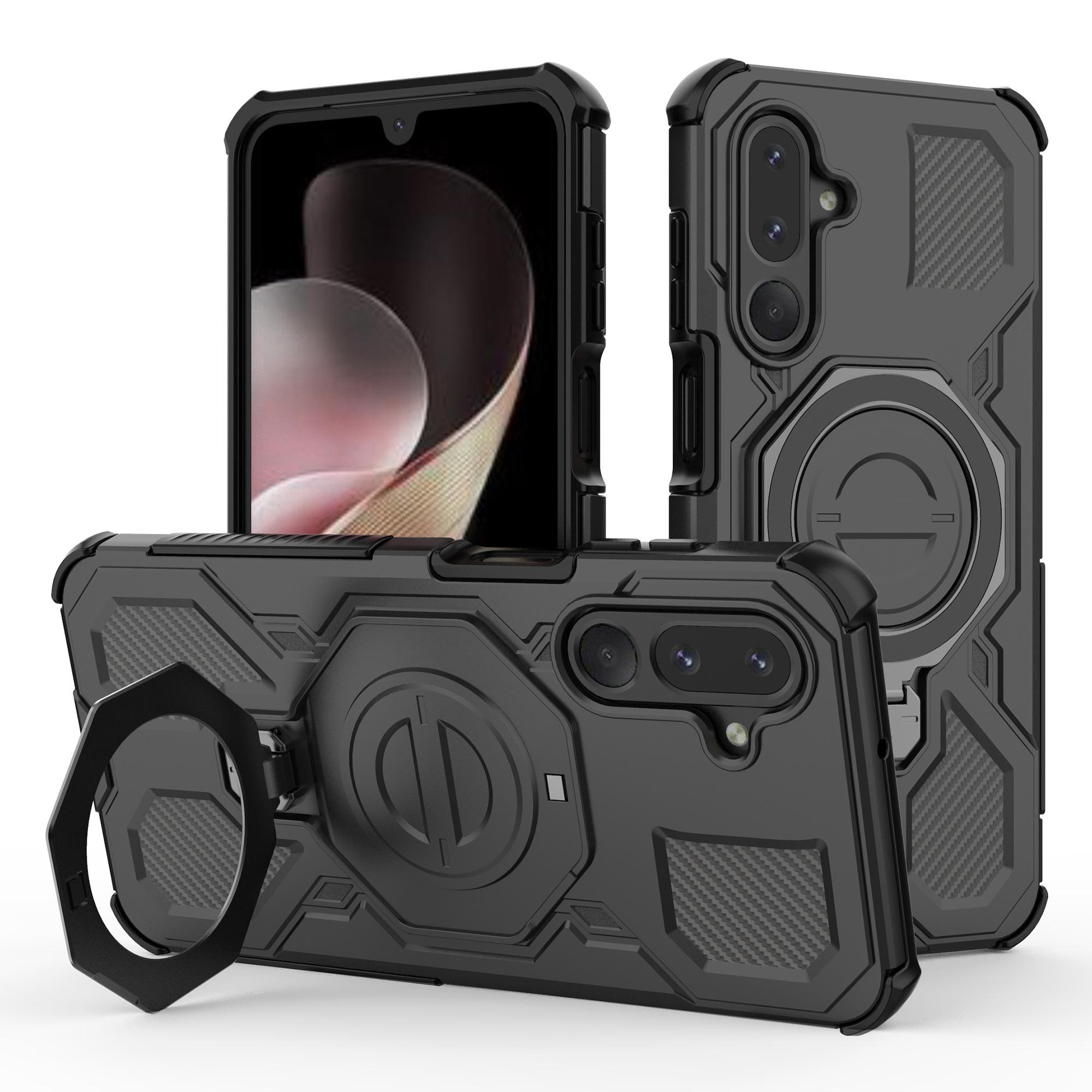 

For Samsung Galaxy M36 5G Magnetic Case Rotating Metal Kickstand Shockproof PC+TPU Phone Back Cover Black