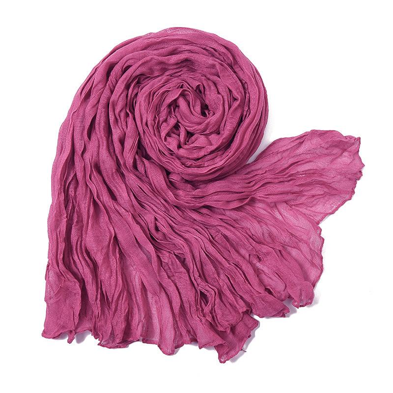 Solid Color Crinkle Cotton Linen Scarf New Warm Silk Pleated Green Retro Thin Long Strip Shawl Men And Women'S