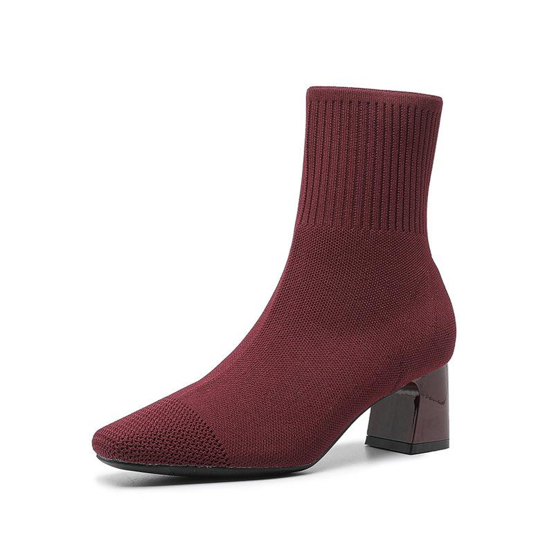 Socken-Stiefeletten für Damen, niedriger, klobiger Blockabsatz, dehnbare Slip-on-Booties, bequeme Chelsea-Stiefel aus elastischem Strick mit quadratischer Zehenpartie für Damen