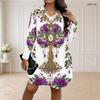 Women Plus Size V Neck Long Sleeve Black Floral Printed Loose Curved Hem Dress
