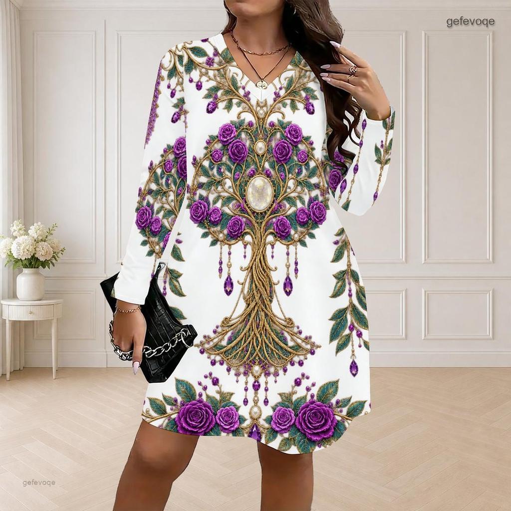 Women Plus Size V Neck Long Sleeve Black Floral Printed Loose Curved Hem Dress