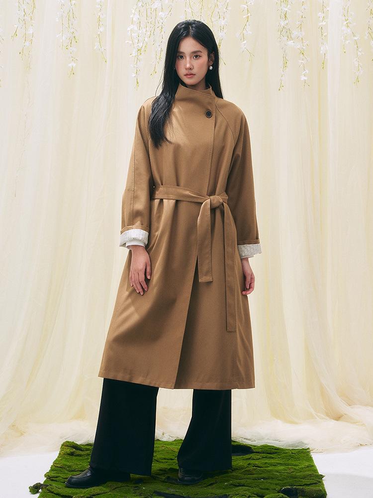 

Early spring new lazy style retro casual loose stand-up collar splicing long trench coat L