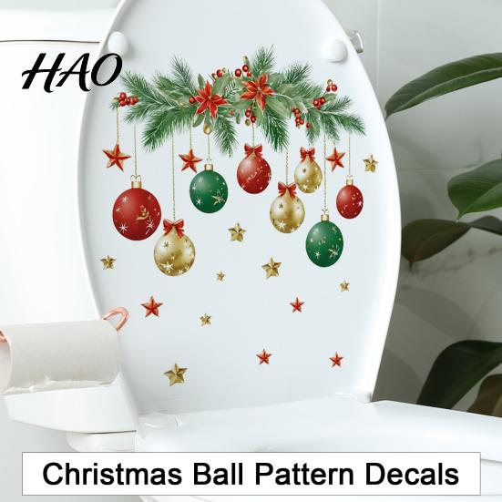 Festive Toilet Decoration Christmas Ball Sticker, Removable Bathroom Wall Decal, Waterproof PVC Decals Lid Decal for Holiday Party