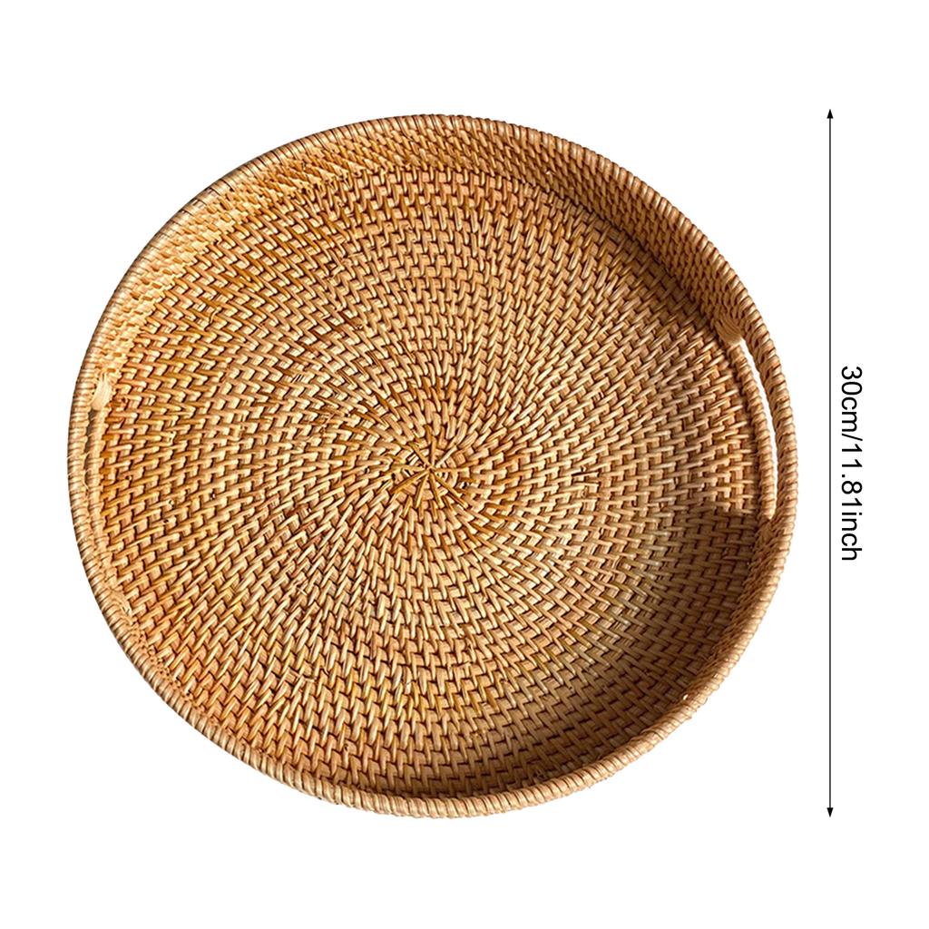 Rattan Round Serving Tray with Handle Large Capacity Sturdy Desktop Organizer Tray for Snack Bread Drink Breakfast Candle
