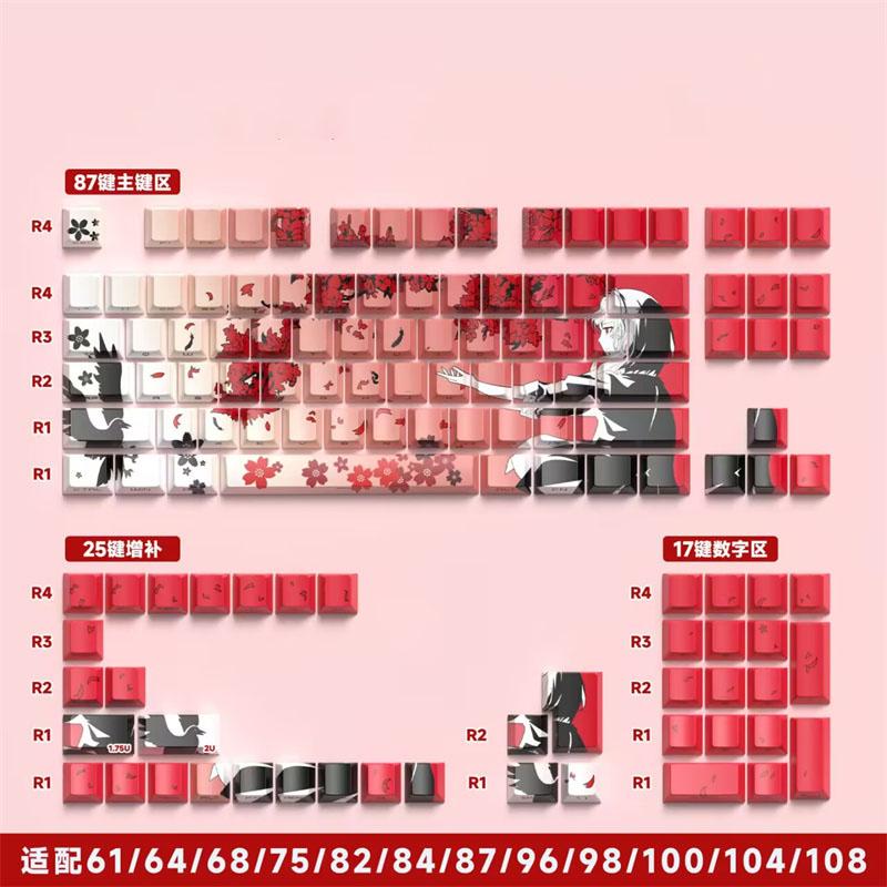 Raven Sakura Anime PBT Cherry Keycap 129 Toetsen Gamer Mechanisch Toetsenbord Side Print Backlit RGB Gradient Meisje Magnetisch Mx Schakelaar
