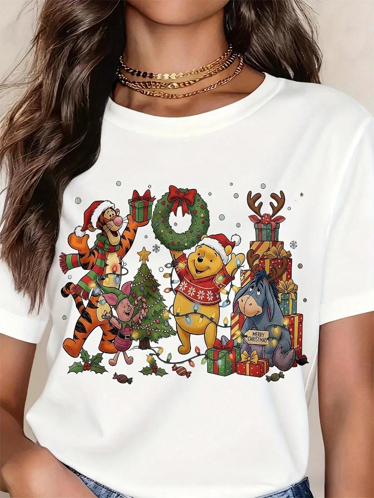 

2026 Christmas Winnie The Pooh and His Friends Print WoUnisex TShirt Easy Fashion Plus Size Short Sleeve S