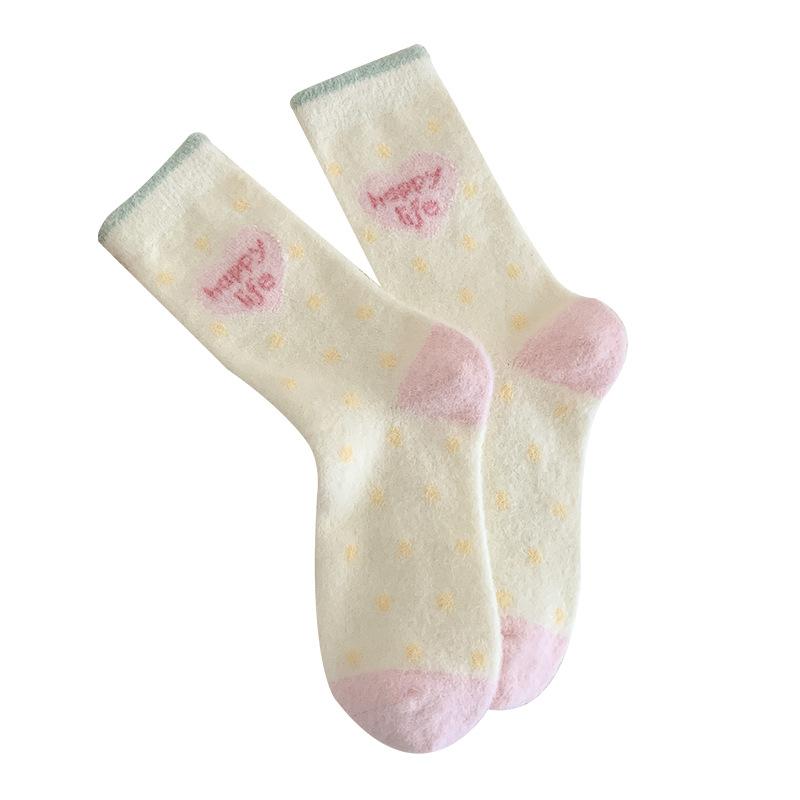 Women's Striped Mid-calf Socks for Autumn and Winter, with Added Fleece and Thickening, Warm, Cute and Sweet Fleece Floor Socks